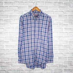 Vineyard Vines Men's Slim Button Down Whale Shirt Blue Purple Check Size L